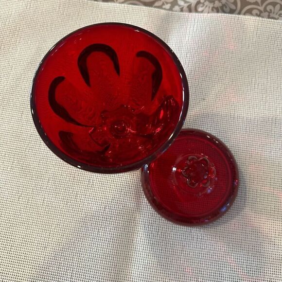 Viking Glass Ruby Red 6-Petal Glass Compote Pedestal Jar with Cover Vintage - Picture 2 of 8